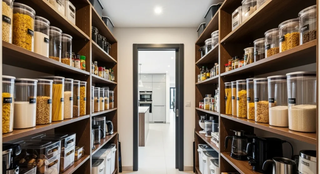 Narrow walk-in pantry with symmetrical shelving layout for a balanced design