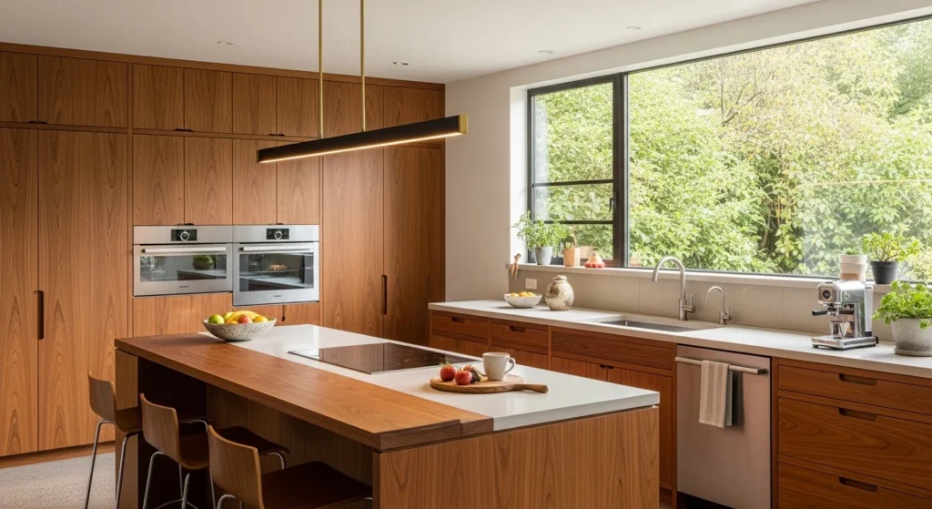 Mid-century modern wood kitchen with warm tones and sleek cabinetry, stylish 2026 interior