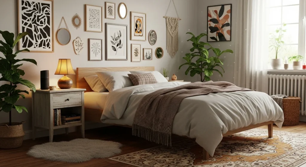 Boho-style canopy bed with layered textiles and pillows, cozy eclectic 2026 bedroom