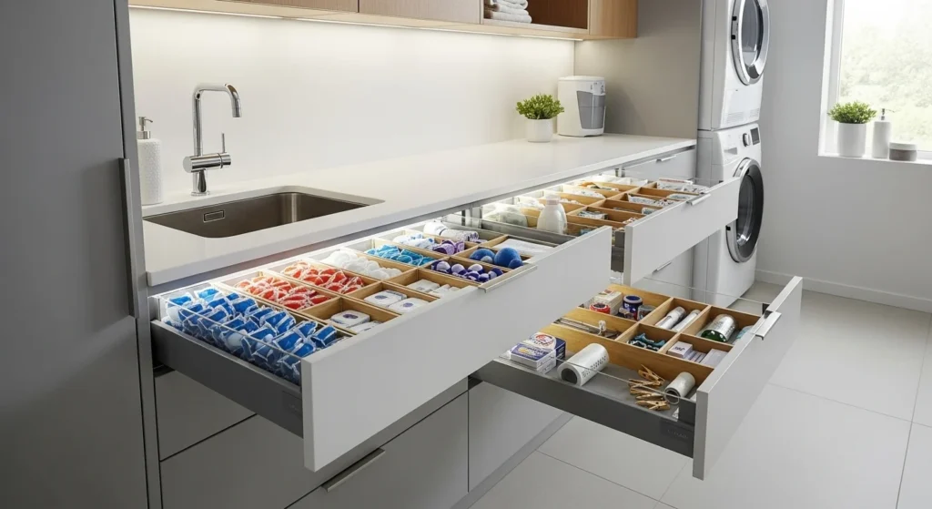 Organized laundry room drawers with dividers for supplies, clean 2026 design