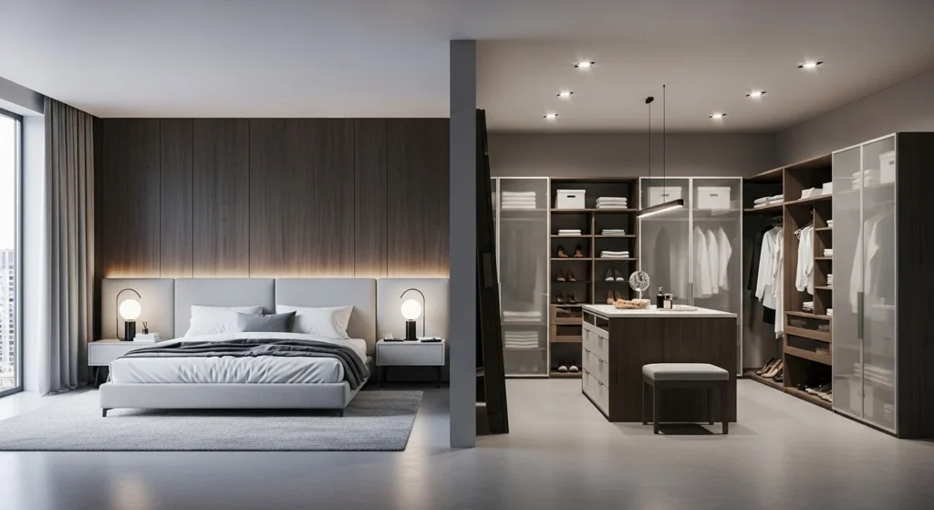 Modern bedroom layout connected to an open dressing and wardrobe area
