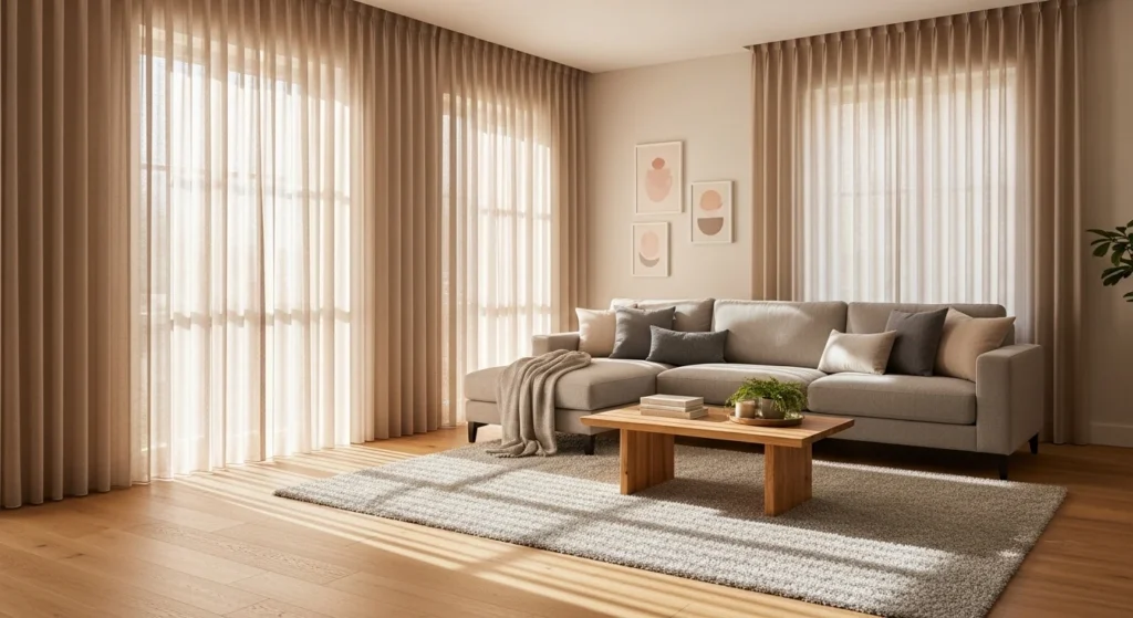 Living room with soft neutral curtains and natural light