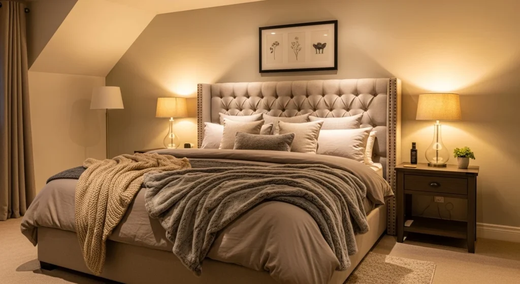 Guest bedroom featuring a plush upholstered bed, soft textiles, and warm ambient lighting