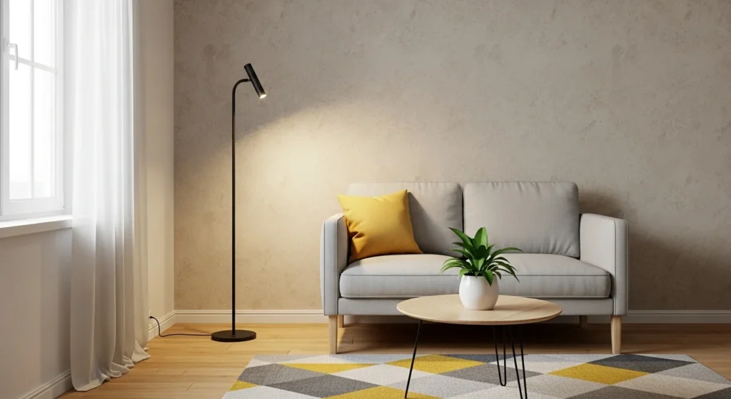 Ambient floor lamp creating soft warm glow in cozy living room