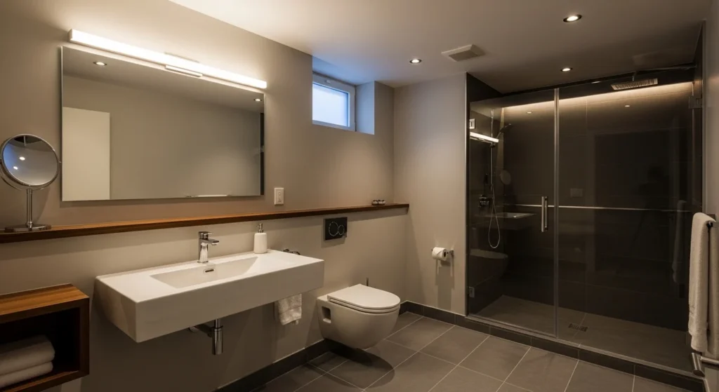 Basement bathroom with layered overhead, vanity, and accent lighting