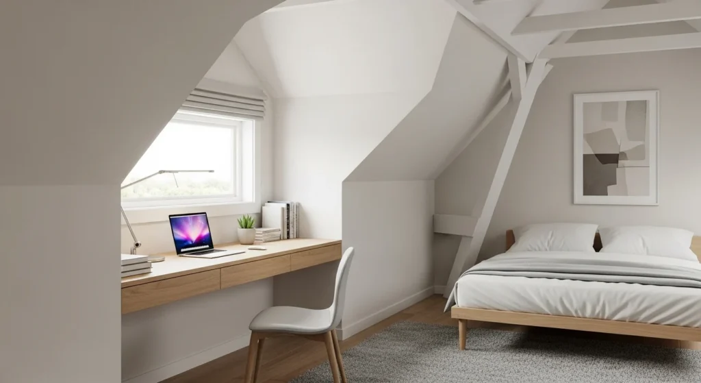 Attic bedroom with compact desk or study area under sloped ceiling