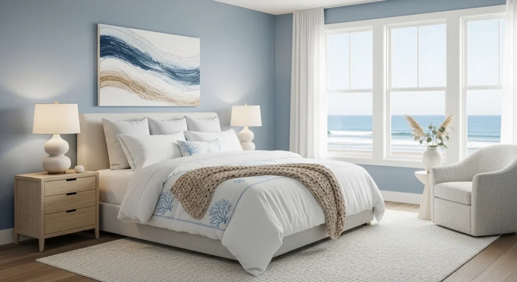 Bedroom with soft blues, white linens, and natural wood textures