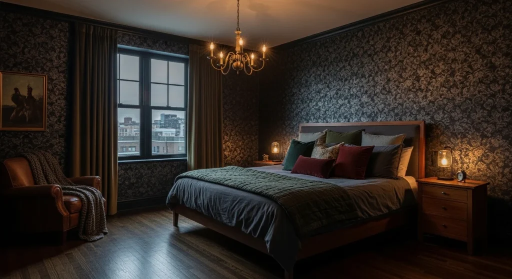 Moody bedroom with dark patterned wallpaper accent wall