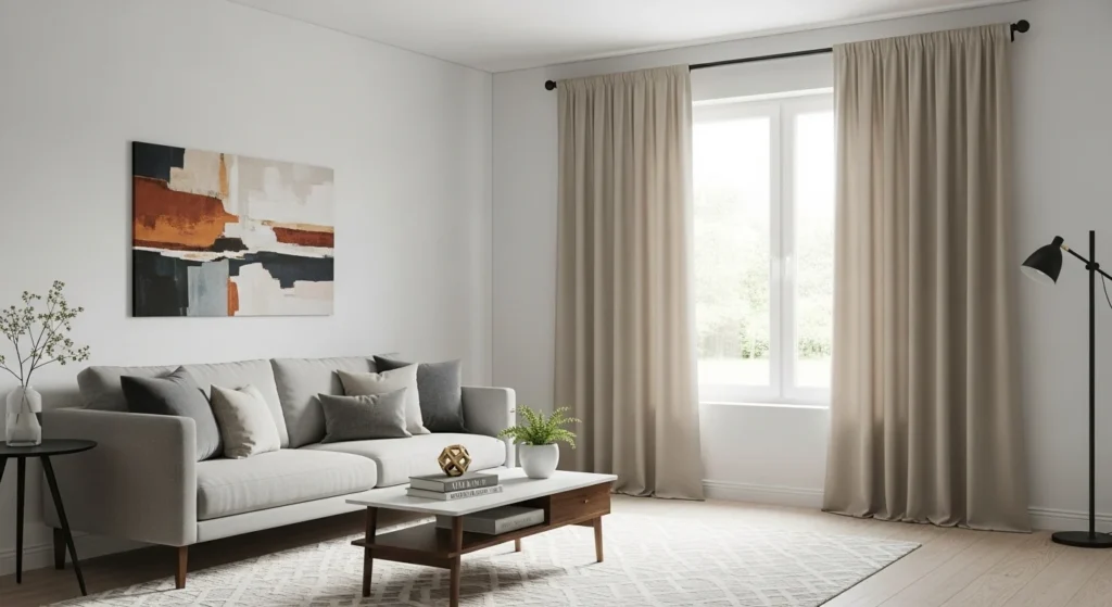 Living room with neutral curtains and black curtain rods