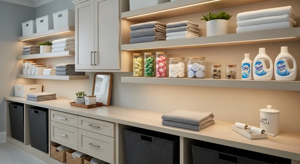 Lighted Shelves Laundry Room