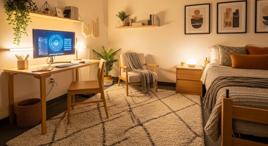 : Dorm room with soft area rug adding warmth
