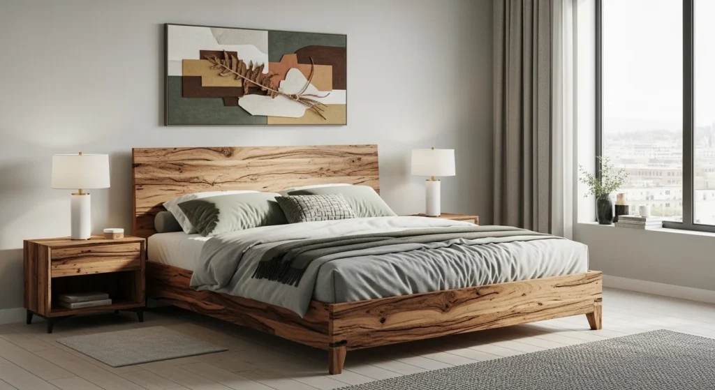 Reclaimed wood bed with natural grain and eco-friendly design