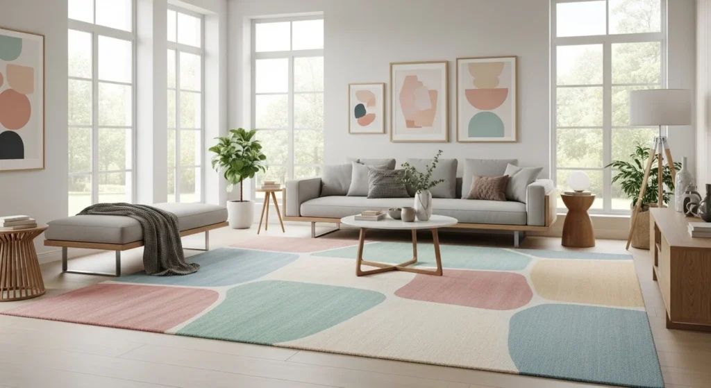 Soft pastel-colored rug in airy modern living room