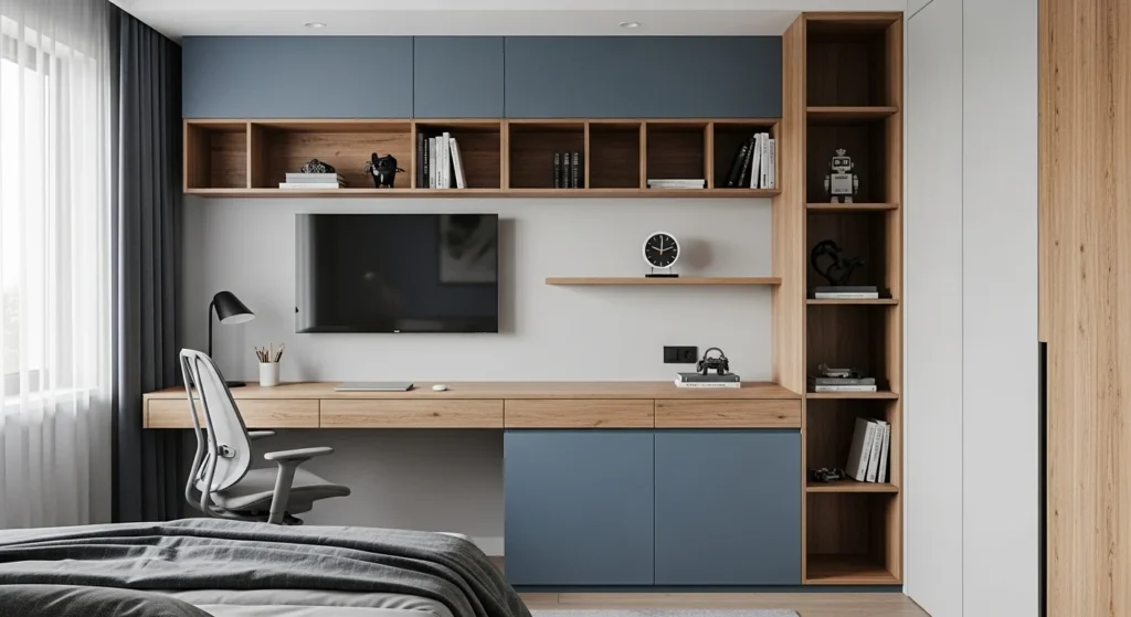 Boys bedroom with built-in desk, organized study area, and modern furniture
