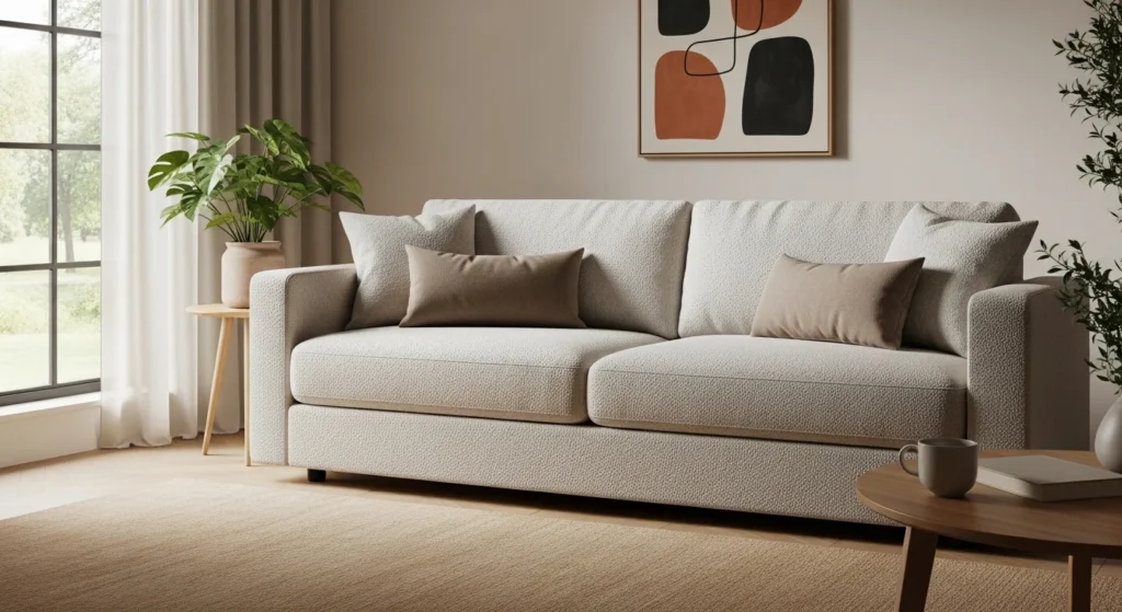 Textured fabric sofa adding warmth to minimal interior