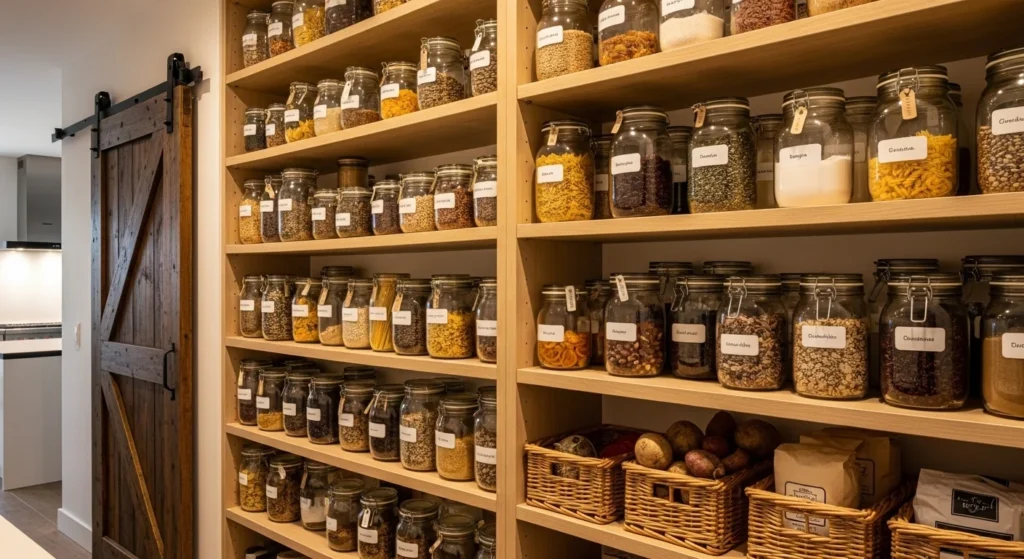 Kitchen pantry with glass jars neatly arranged on shelves