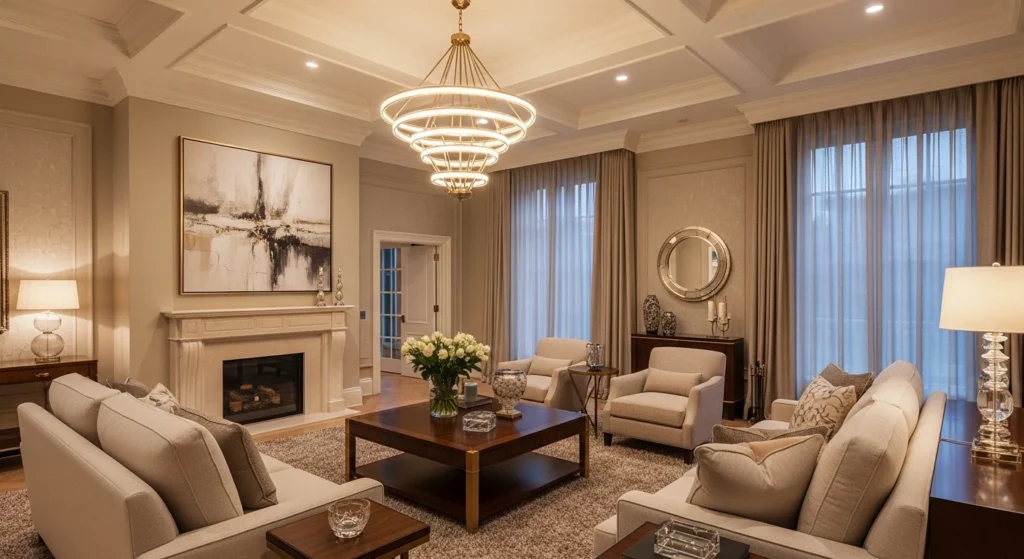 Elegant living room with soft ambient lighting and warm tones