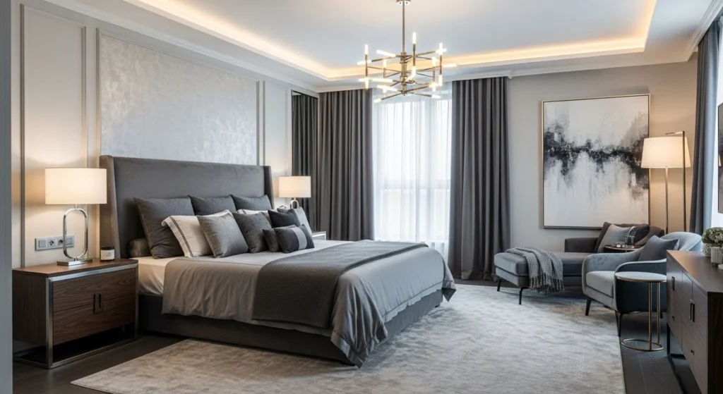 Luxury gray bedroom with plush materials and elegant lighting