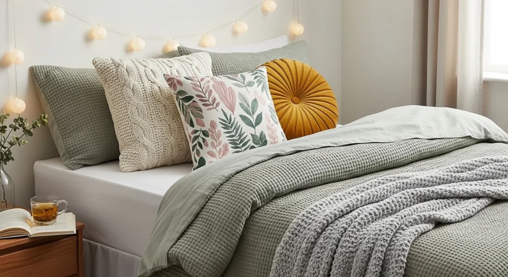 Dorm room featuring layered aesthetic bedding and coordinated pillows