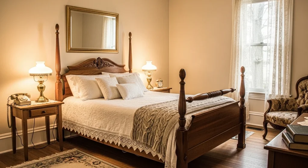 Vintage bedroom with soft beige walls and classic wooden bed