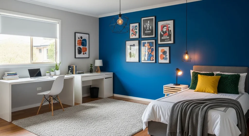 een bedroom with bold painted accent wall and modern decor