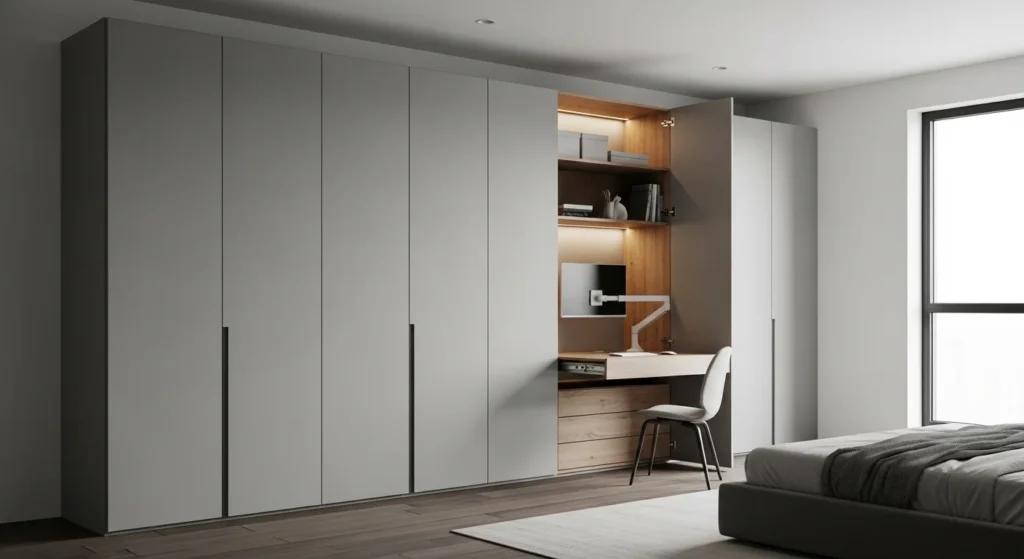 Bedroom with hidden workspace integrated into wardrobe cabinetry