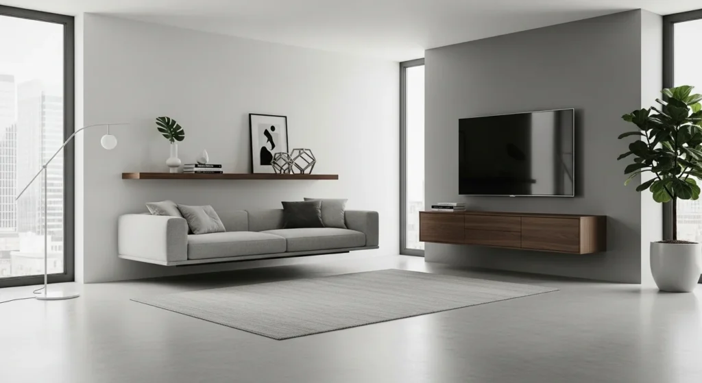 Living room with floating shelves, cabinets, and minimalist modern furniture