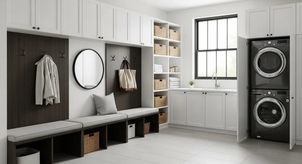 Laundry and mudroom combination with storage benches and washer dryer setup