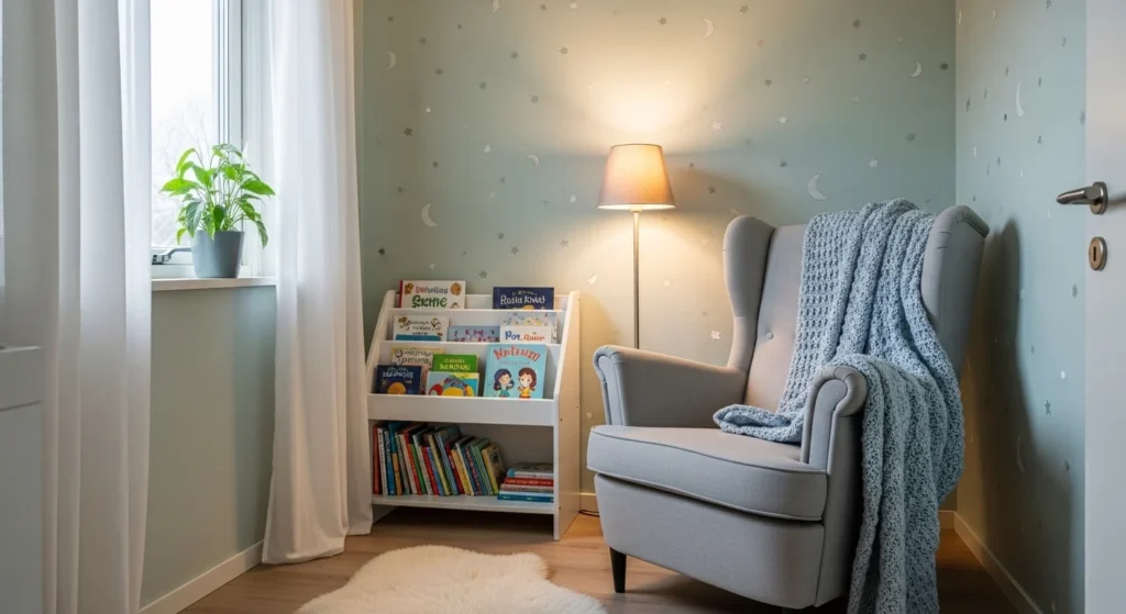 Baby nursery with small reading corner, bookshelf and soft armchair