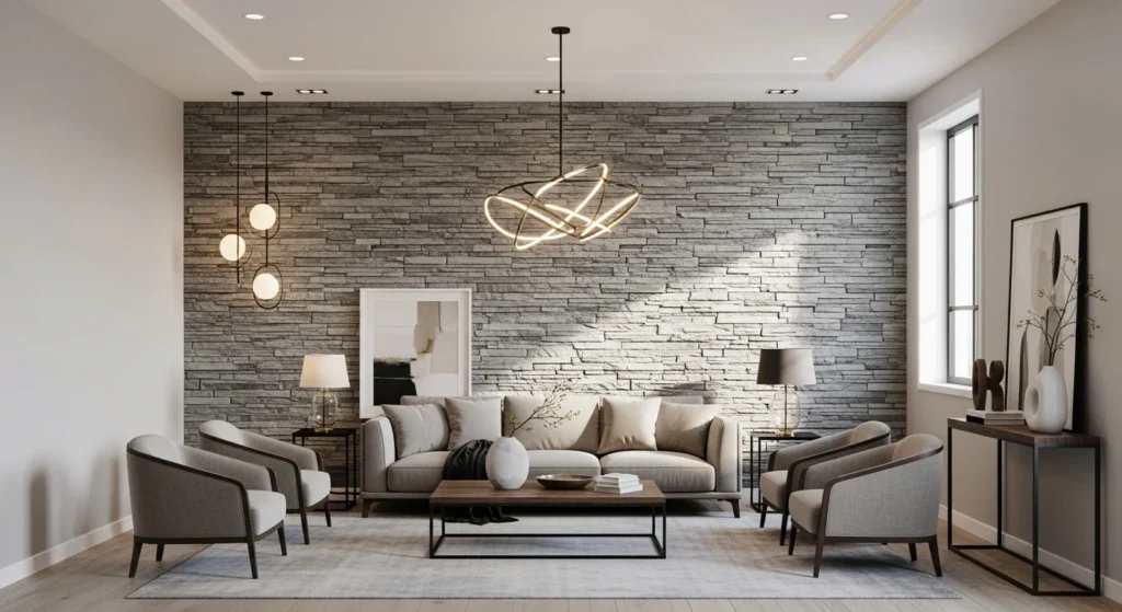Contemporary parlor with stone accent wall, neutral sofa, and elegant lighting