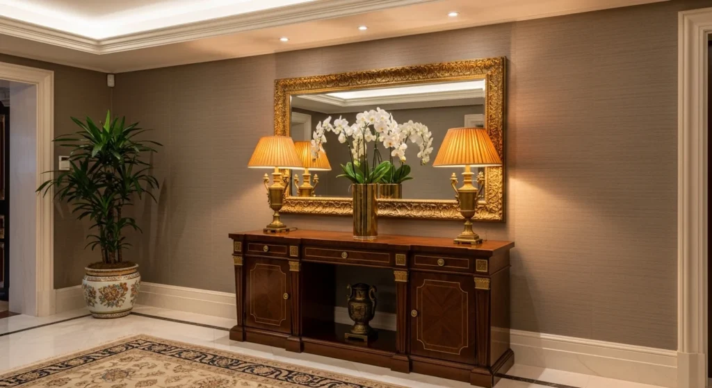 Elegant hotel-style entryway with symmetrical decor and warm lighting