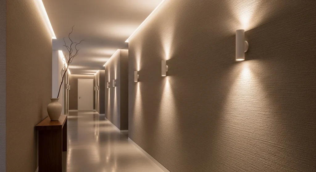 Neutral hallway featuring textured wall finish and modern lighting
