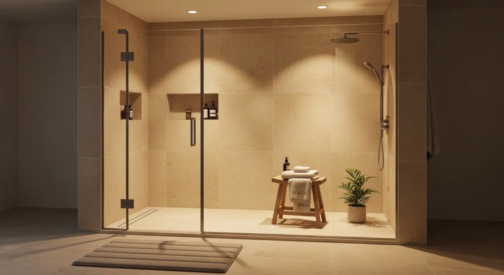 Shower with beige and clay colored tiles, wooden accents, and warm lighting