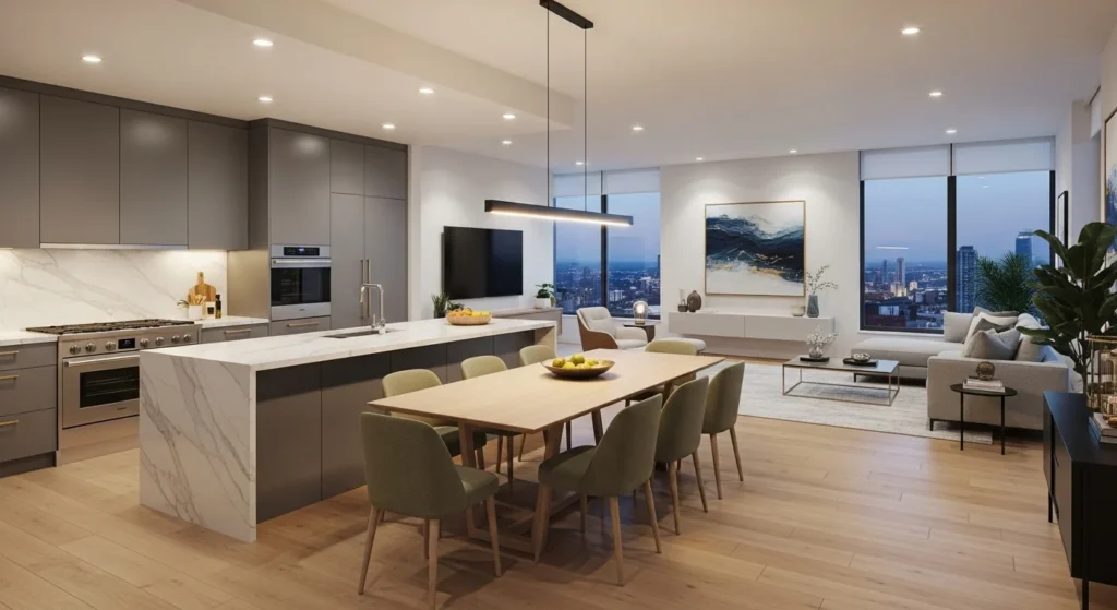 Open kitchen living room with dining table integrated between kitchen and seating zones