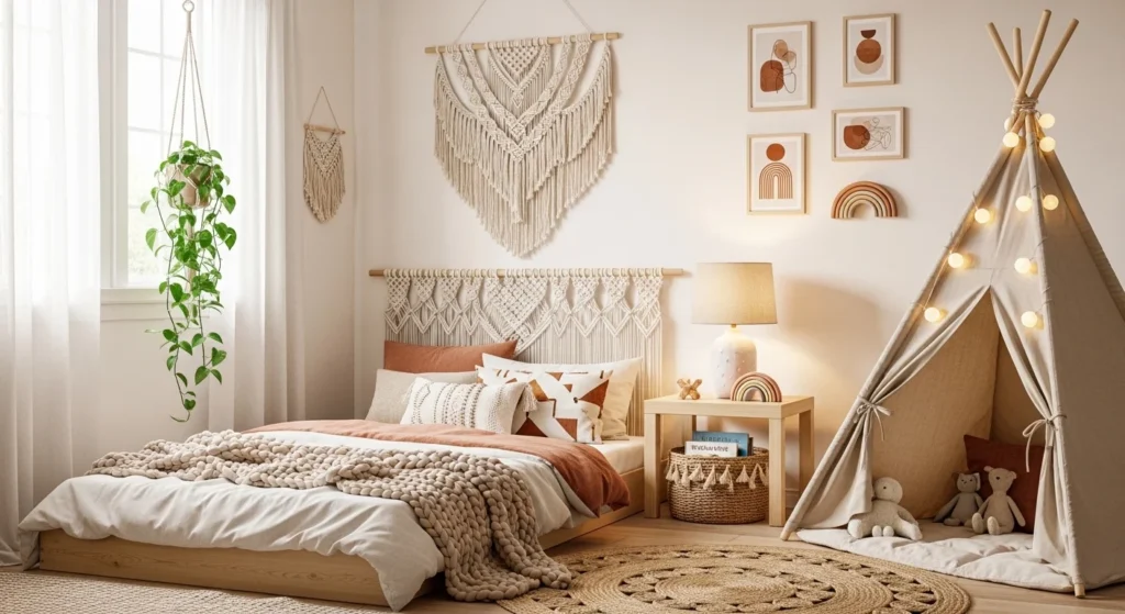 neutral bohemian kids room with cozy textures and natural decor