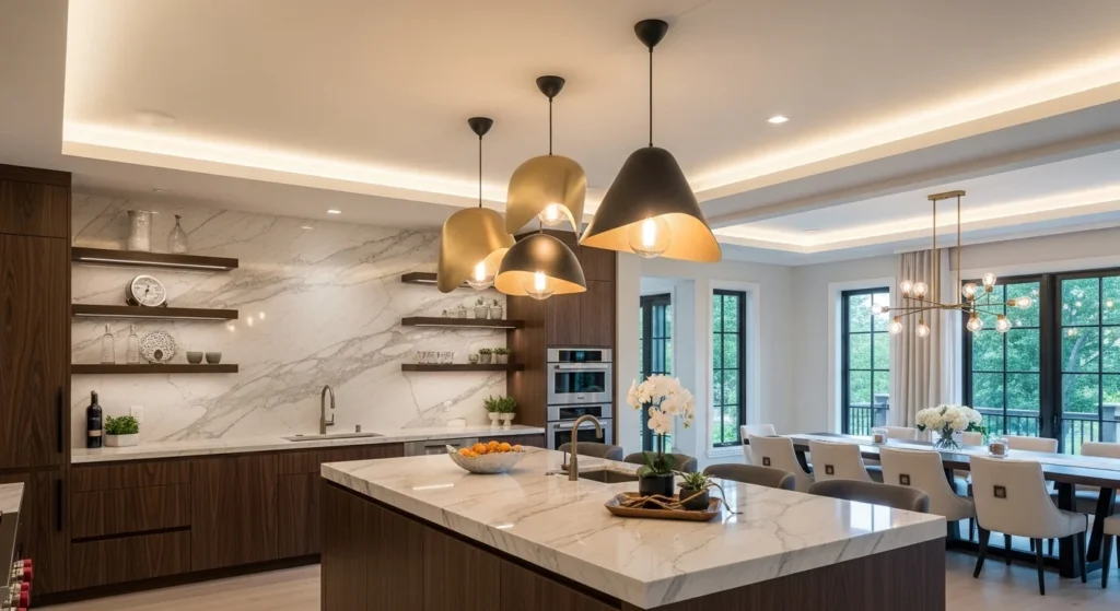 Open kitchen featuring large pendant lighting above island creating focal point