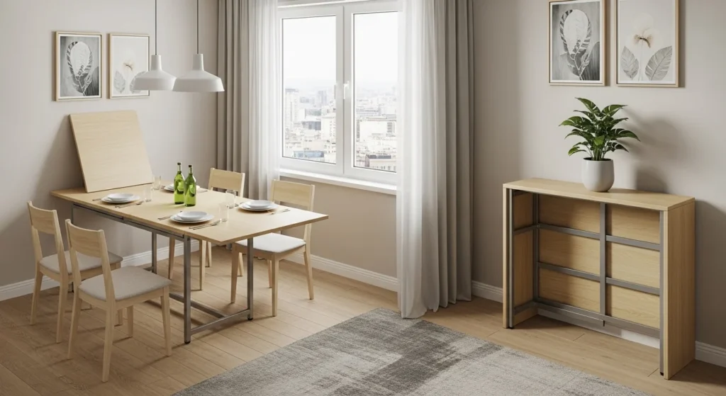 Space saving foldable dining table solution for compact apartment living