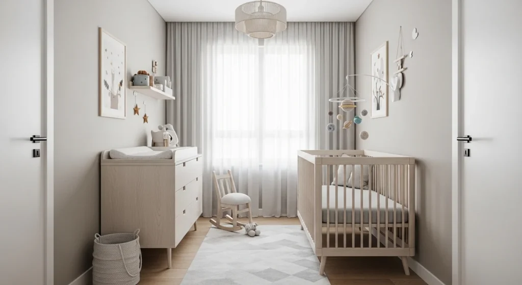 Compact nursery with space-saving furniture, smart storage, bright functional 2026 baby room