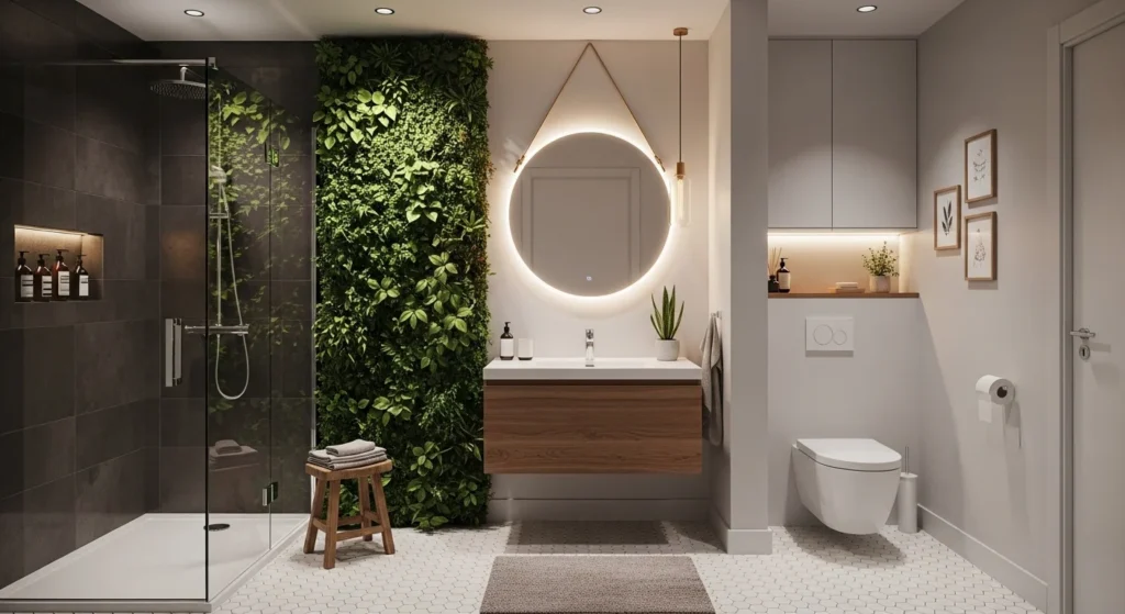 Small bathroom with vertical plant wall, greenery accent, modern cozy 2026 interior