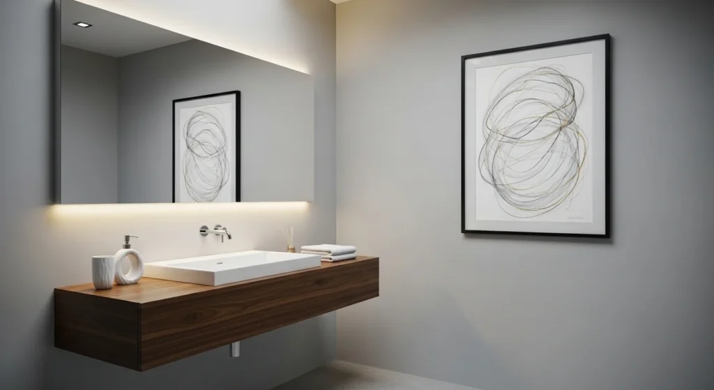 Bathroom sink styled with minimal framed artwork above vanity