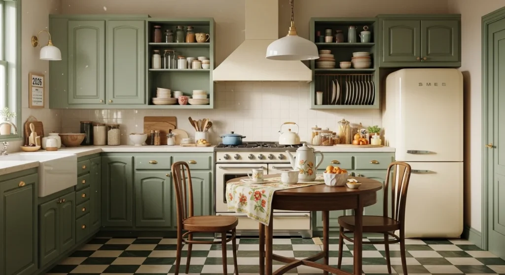 Retro green kitchen with classic cabinet style and cozy nostalgic feel