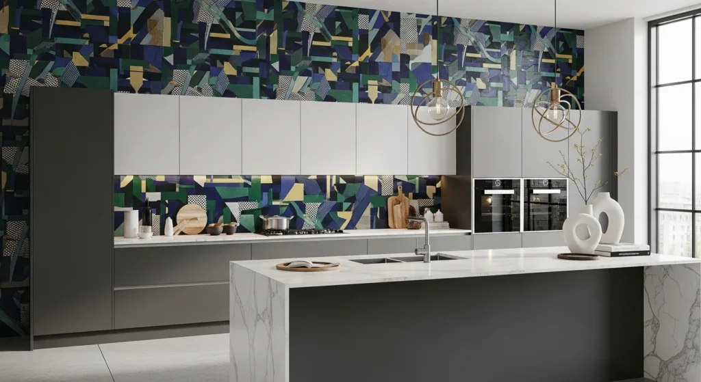 Modern kitchen with geometric tile backsplash creating stylish focal point