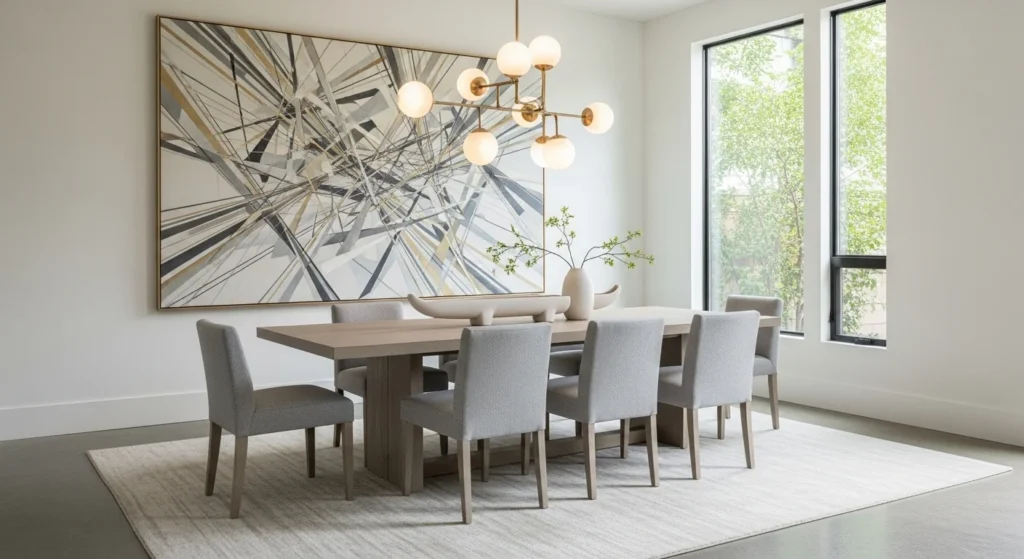 Dining room featuring wall art, neutral furniture, and a creative modern atmosphere