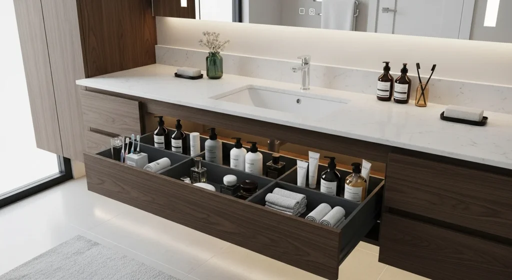 tiered stand organizing skincare products on bathroom counter