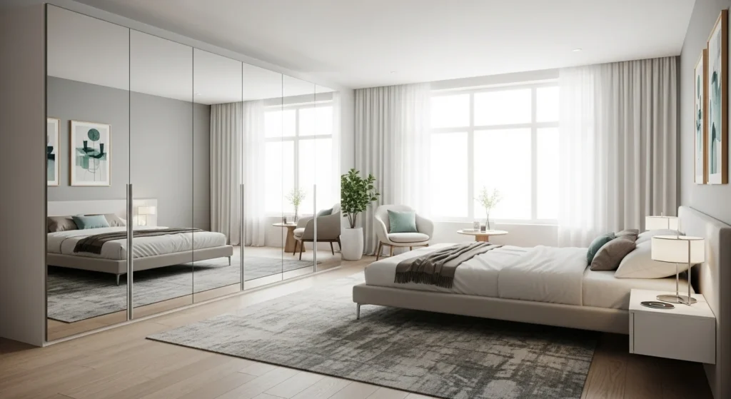 Bedroom featuring mirrored wardrobes that reflect light and make space feel larger