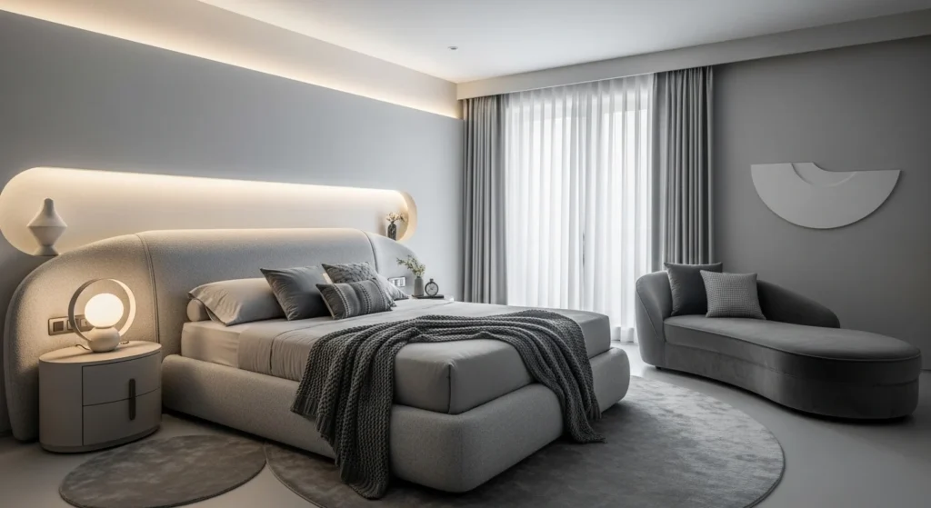 Grey bedroom with curved furniture and rounded shapes for a cozy modern 2026 look
