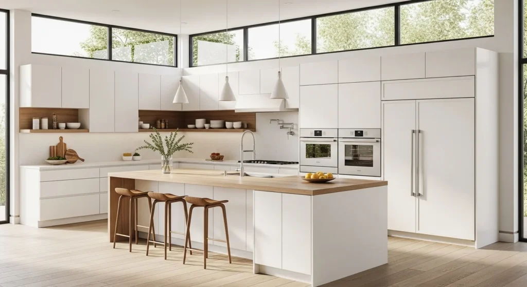 Modern kitchen with large windows, open layout, and natural sunlight highlighting cabinets and countertops for 2026 interiors