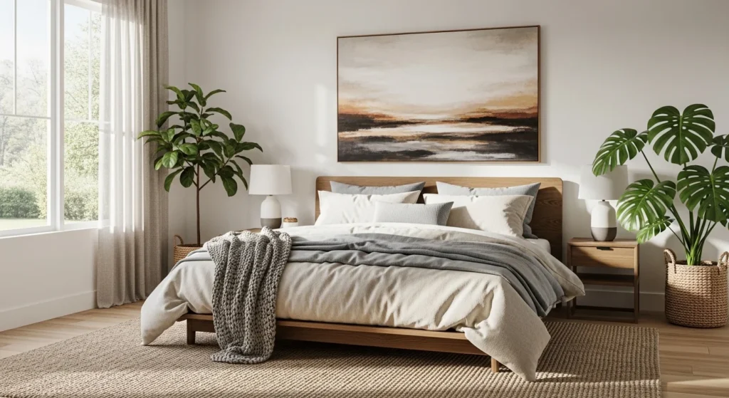 Master bedroom with smart lighting, automated curtains, and modern minimalist design