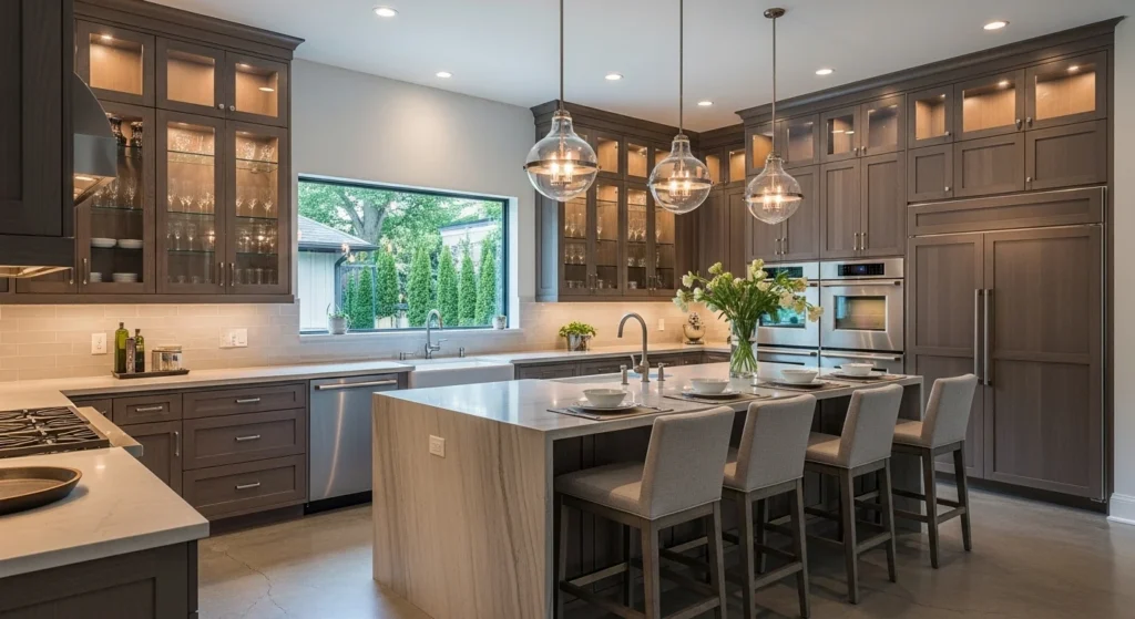 Contemporary kitchen with glass cabinets and warm interior lighting