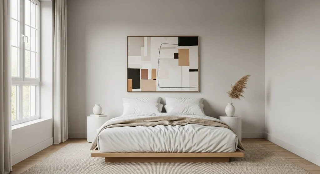 Minimalist bedroom featuring a single wall art piece with neutral furniture and clean styling